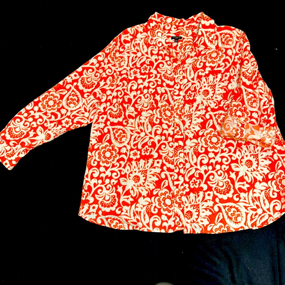 Talbots Red and White Floral Button-Up Blouse